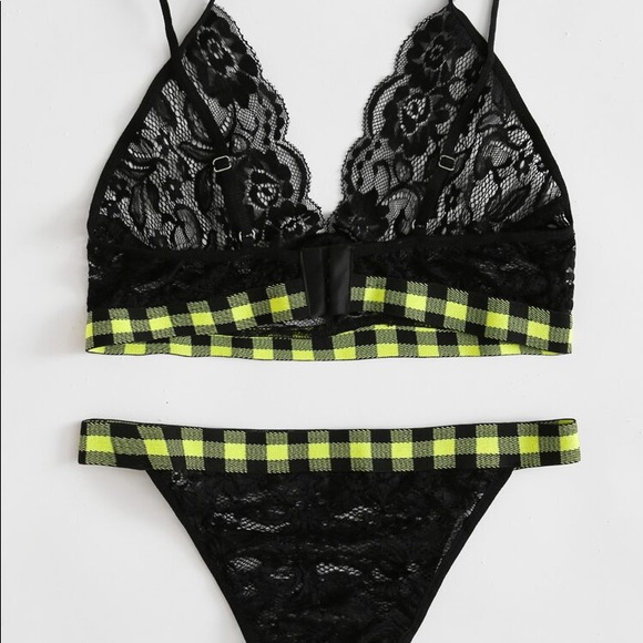 NEW gingham trim floral lace black lingerie set - Picture 2 of 5